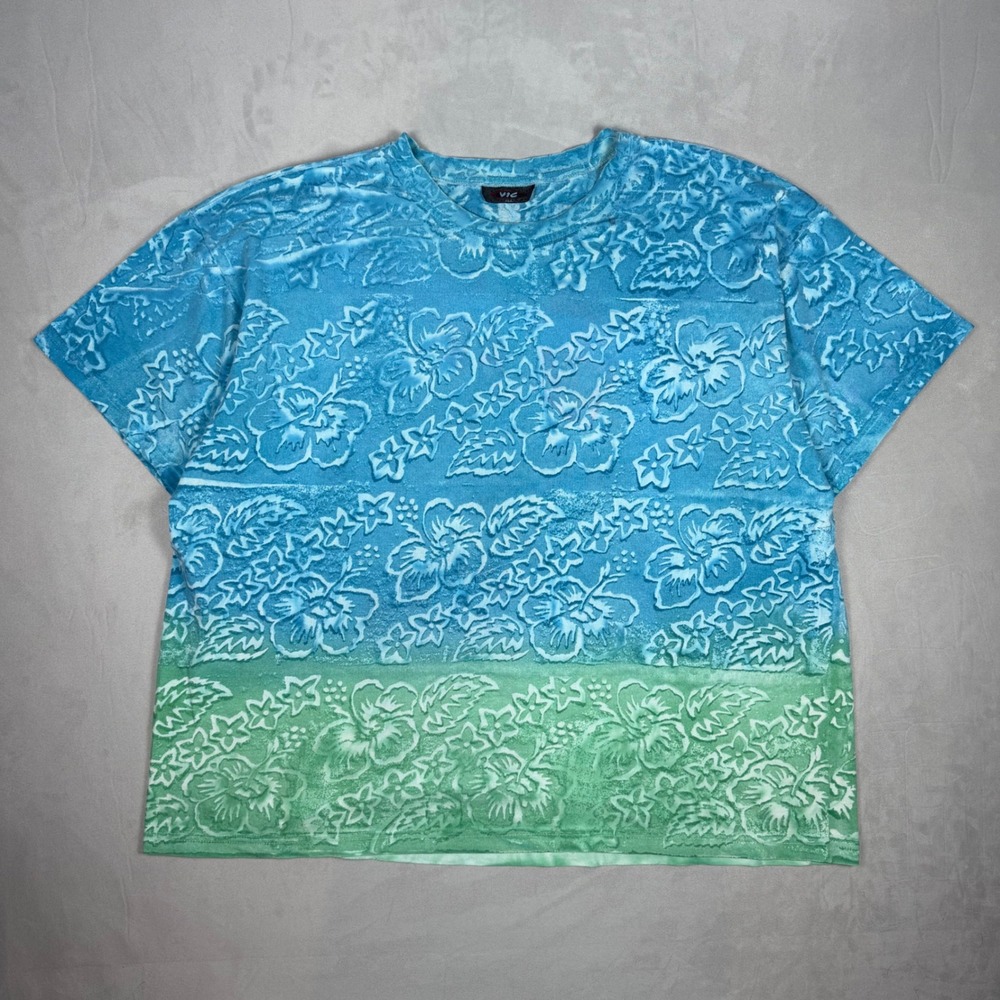 Y2K Mens VIC Embossed Hibiscus Ombre Floral Textured T-Shirt XXL